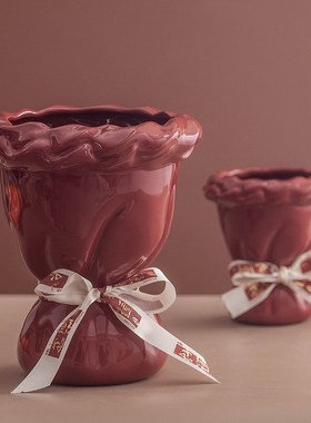 创意红色陶瓷瓶水培干鲜插瓶客厅玄关装饰