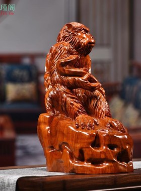 花梨木雕生肖猴子摆件龙龟满载而归实木家居饰品客厅红木开业礼品