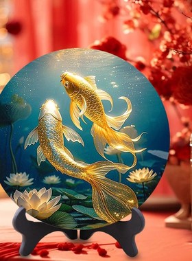 新中式年年有余装饰鱼圆盘摆件客厅玄关酒柜电视柜乔迁新居礼物
