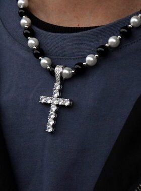 复古hiphop黑白卫衣大号十字架项链2024嘻哈潮新款链珍珠男女欧美