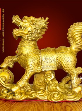 黄铜戏珠雌雄麒麟一母麒麟玄关客厅办公桌饰品工艺品