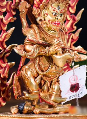 尼泊尔 7寸铜全鎏金雕花 二臂玛哈嘎啦铜像像 铜像