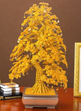 纯手工编织铝丝发财树新中式客厅摆件新居乔迁礼物开业招财摇钱树