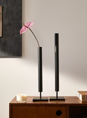 侘寂风黑色高级感玄关装饰摆z件极简花瓶铁艺桌面艺术插花器