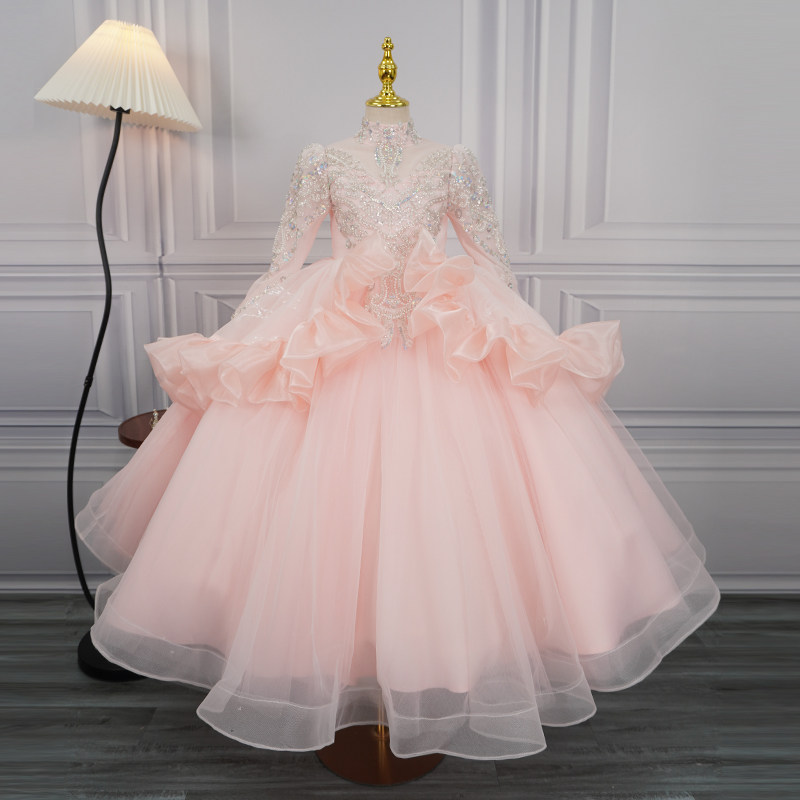 主持人礼服女童秋冬长袖粉色儿童钢琴演奏服花童婚礼小女孩演出服,淘宝优惠券,粉丝福利购,淘宝优惠卷