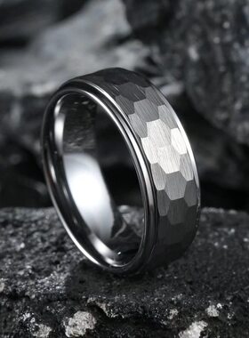 8MM Mens Silver Color Stainless Steel Ring Hammered
