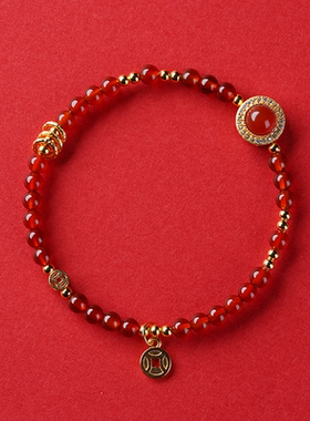 KISSMORE/琛墨财源滚滚设计师原创天然红玛瑙手串纯银镀金女手链