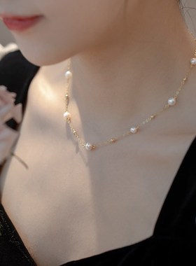 施家正圆满天星淡水珍珠项链配饰女高级感锁骨链2024新款爆款颈链