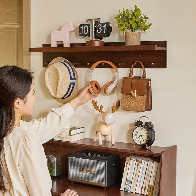 Wall shelf Solid wood wall hanging creative hall clothes C hook with partition coat rack laminate without punching storage