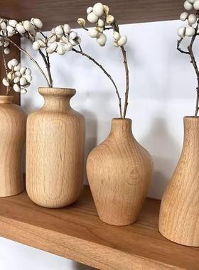 绝美迷你创意榉木实木小花瓶宋式美学新中式中古风大肚底座艺术感