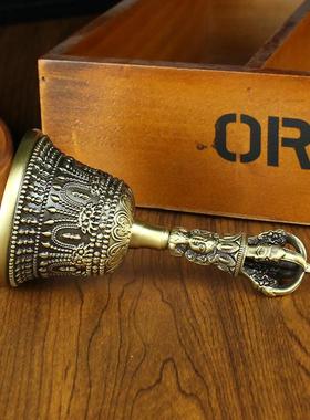 黄铜三头降魔铃寺庙西藏喇嘛手持六字真言铃铛铜器摆件地摊