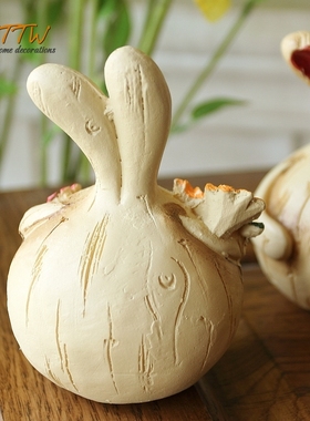 美式乡村 仿木纹可爱胖胖兔一对家居装饰品工艺摆设
