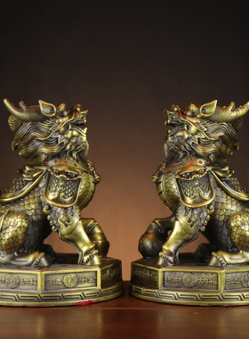纯黄铜麒麟摆件一对客厅玄关办公室踩八卦镇宅招财进宝麒麟开业