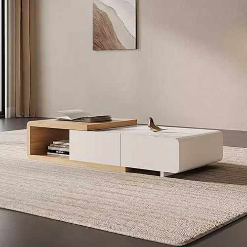 新款岩板茶几电视柜组合可伸缩原木色奶油风现代简约家用小户型 - 图2