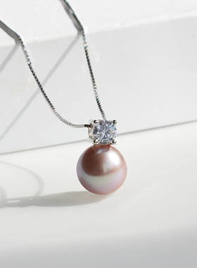 正圆珍珠项链吊坠天然淡水珍珠925银链粉色紫色气质款正品毛衣链