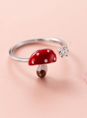 S925b纯银可爱红色小蘑菇戒指女小众设计潮开口可调节轻奢高级感