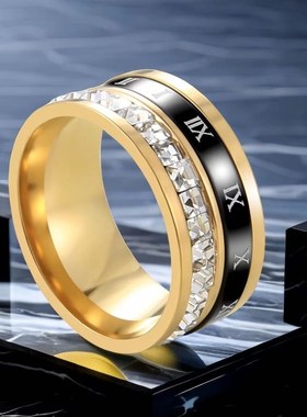 戒指男高级感个性时尚单排u钻石男女戒指可转动网红风情侣罗马风