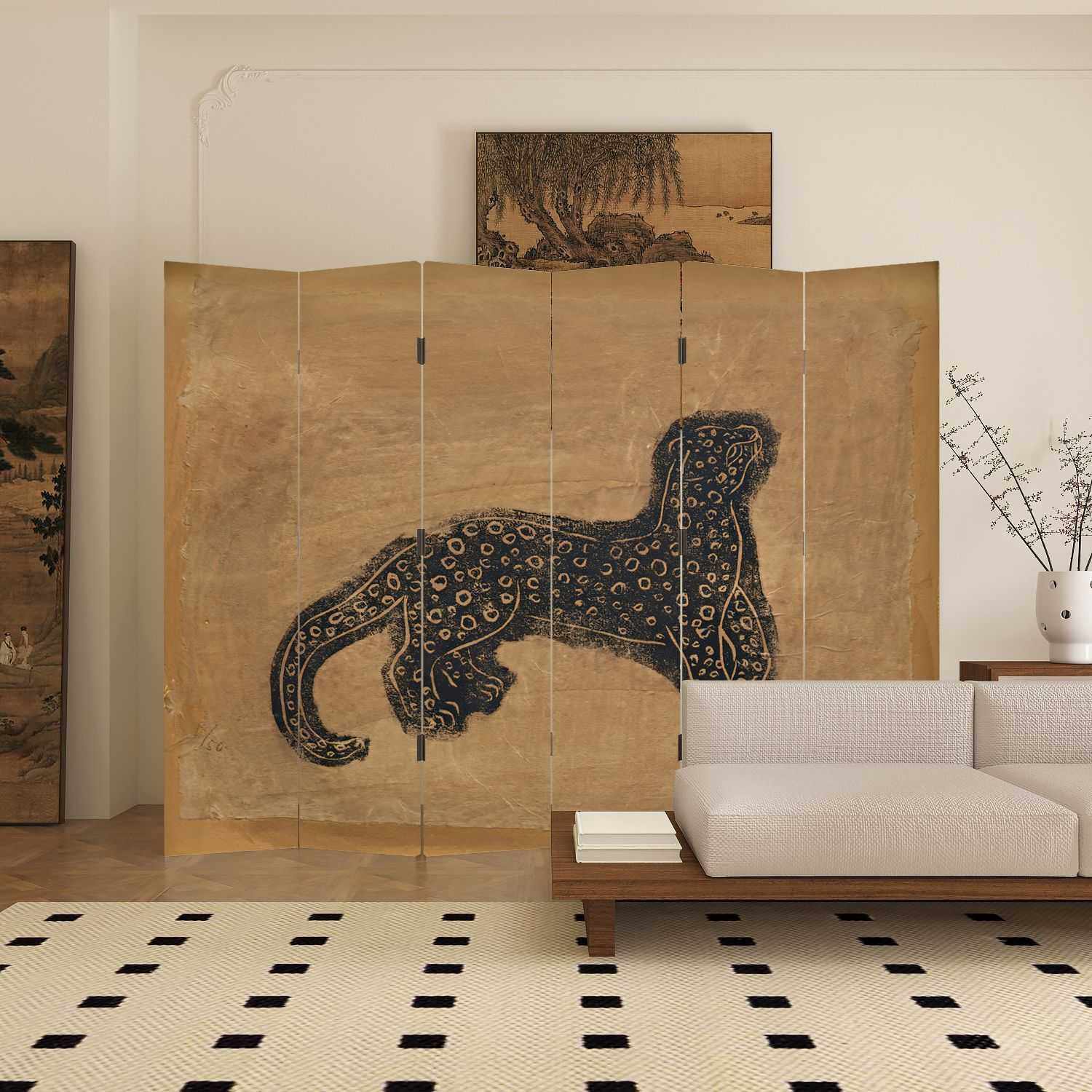常玉金钱豹屏风隔断客厅现代简约卧室遮挡床边家用可折叠移动折屏,淘宝优惠券,粉丝福利购,淘宝优惠卷