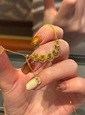 新中式碎冰冰五帝钱项链女款高级感轻奢小众锁骨链金色超闪毛衣链