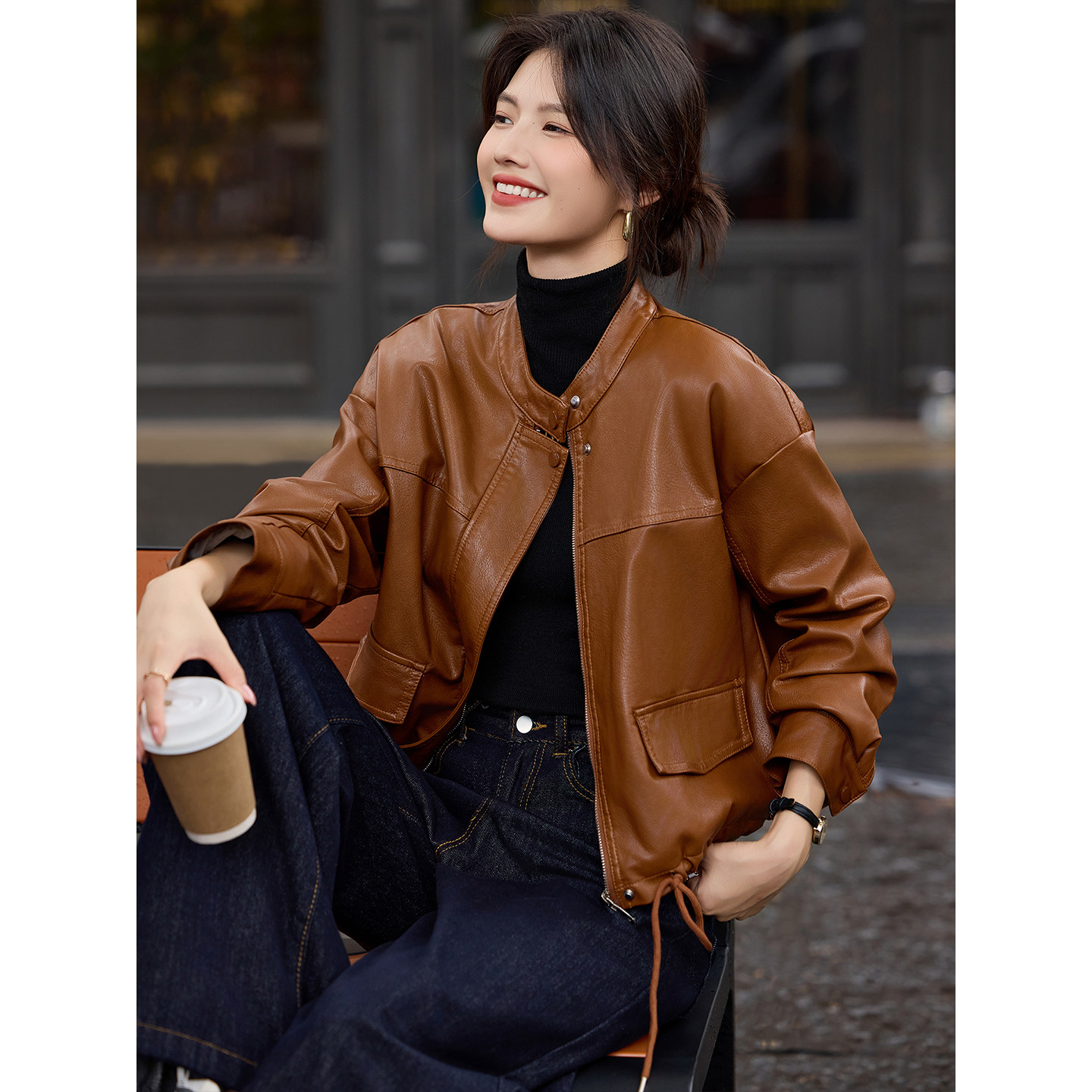 2025超火短款皮外套咖色加绒皮衣外套女酷飒风可拆卸针织帽皮夹克,淘宝优惠券,粉丝福利购,淘宝优惠卷