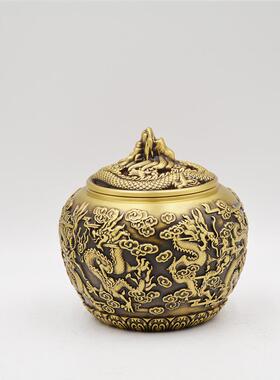 宏达 全黄铜五牛茶叶罐 茶桌大号密封龙凤茶叶罐铜器摆件