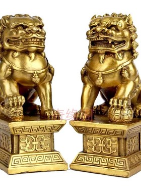 金色狮子摆件白玉看狮工艺品桌面摆K件酒店办公室摆放书房