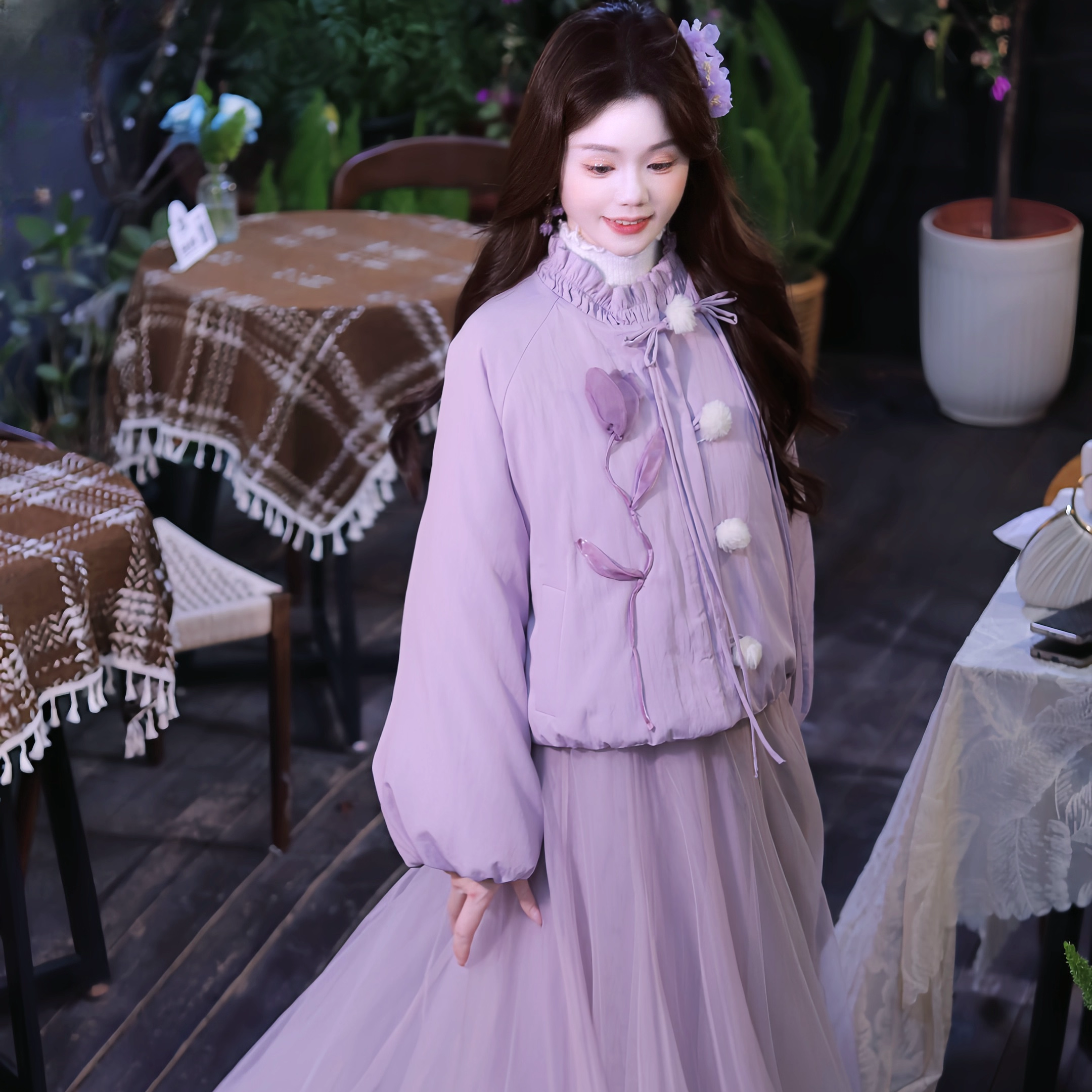 瑶西【紫郁金香】冬季立体毛球郁金香厚外套仙雾紫加绒半身裙套装,淘宝优惠券,粉丝福利购,淘宝优惠卷