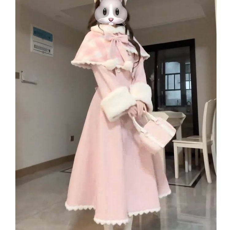 冬日氛围感小个子甜美可爱粉色斗篷毛呢外套女收腰中长款呢子大衣,淘宝优惠券,粉丝福利购,淘宝优惠卷