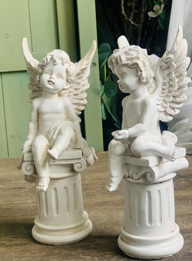 法式复古罗马柱小天使摆件西洋古董风家居客厅酒S柜橱窗装饰工艺