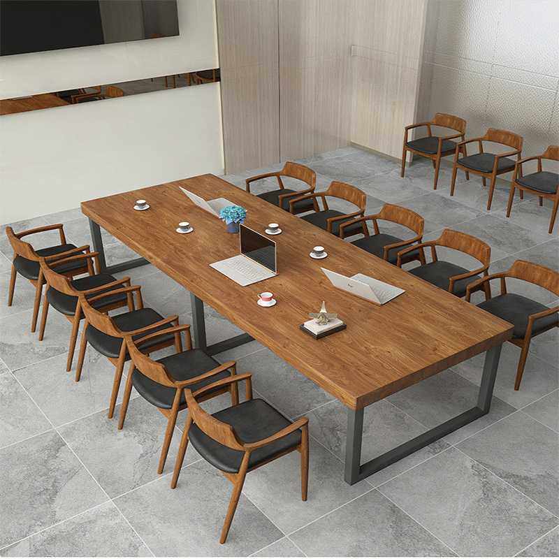 北欧铁艺实木洽谈桌长条桌子公司培训职员电脑桌简约现代会议桌椅 - 图2