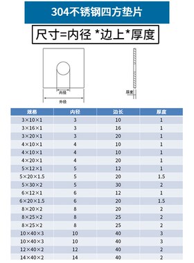 304不锈钢四方垫片 四方平垫 方型垫片正方形垫圈 幕墙用方垫