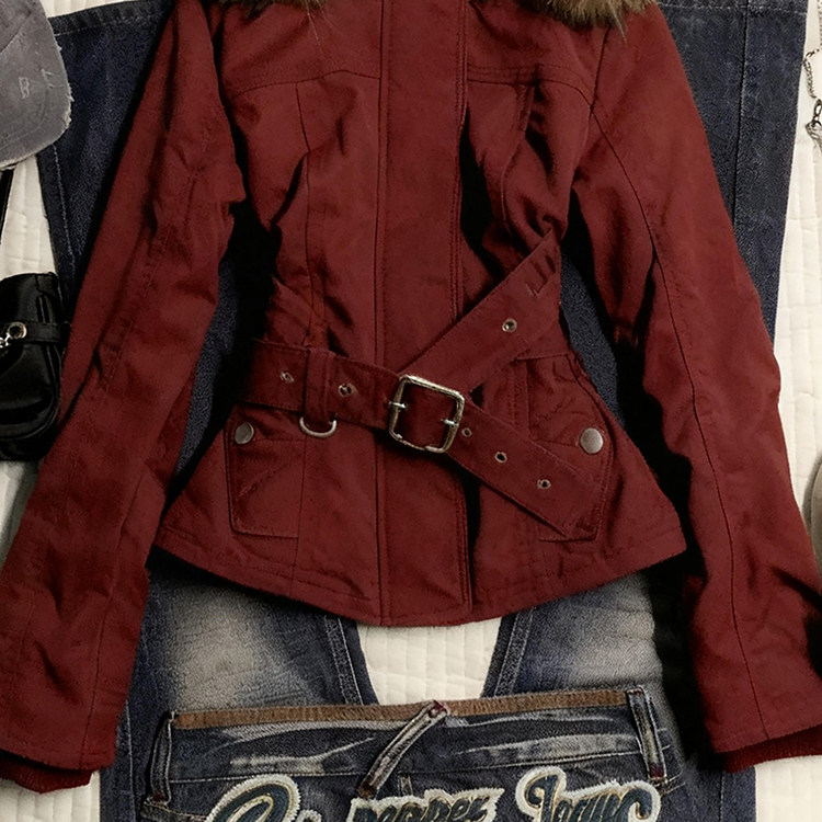 复古红色vintage毛领连帽外套女秋冬季新款设计感小众派克服上衣,淘宝优惠券,粉丝福利购,淘宝优惠卷