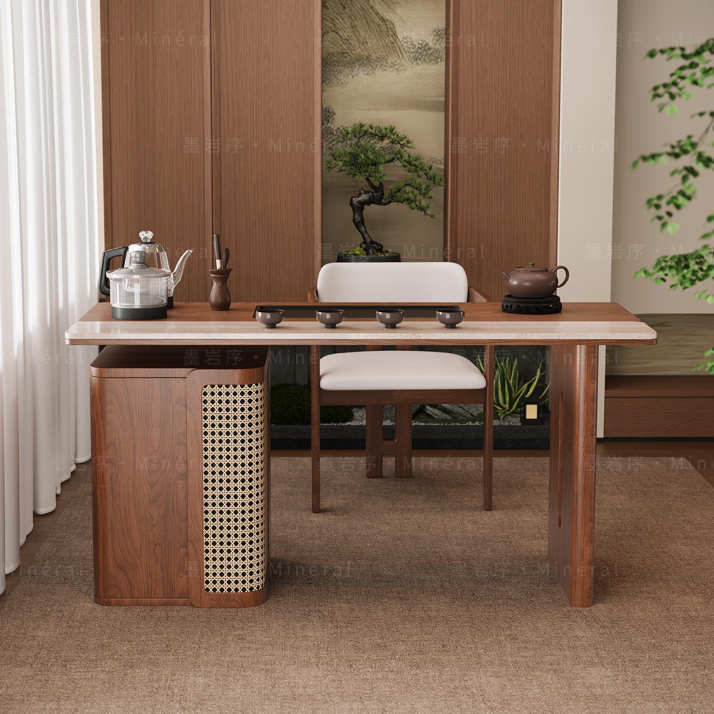 宋氏美学茶桌家用小茶台实木客厅小型高级感泡茶桌岩板阳台茶桌椅 - 图1