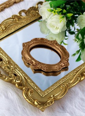 甄选物欧式覆古长方形金色镜面托盘 家居客厅甜品店树脂工艺品