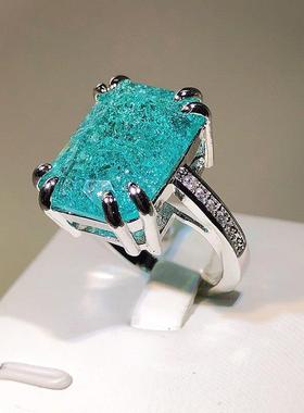 新款冰花宝石戒指长方形彷帕拉伊巴时尚立方氧化锆石戒指欧美订婚