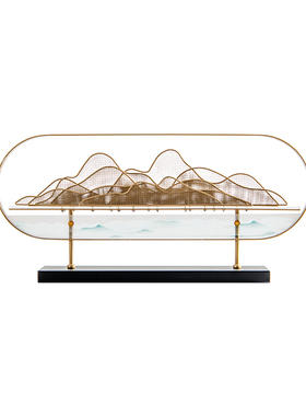 轻奢新中式铁艺假山样板间书房玄关柜摆件酒店办公桌高端软装饰品