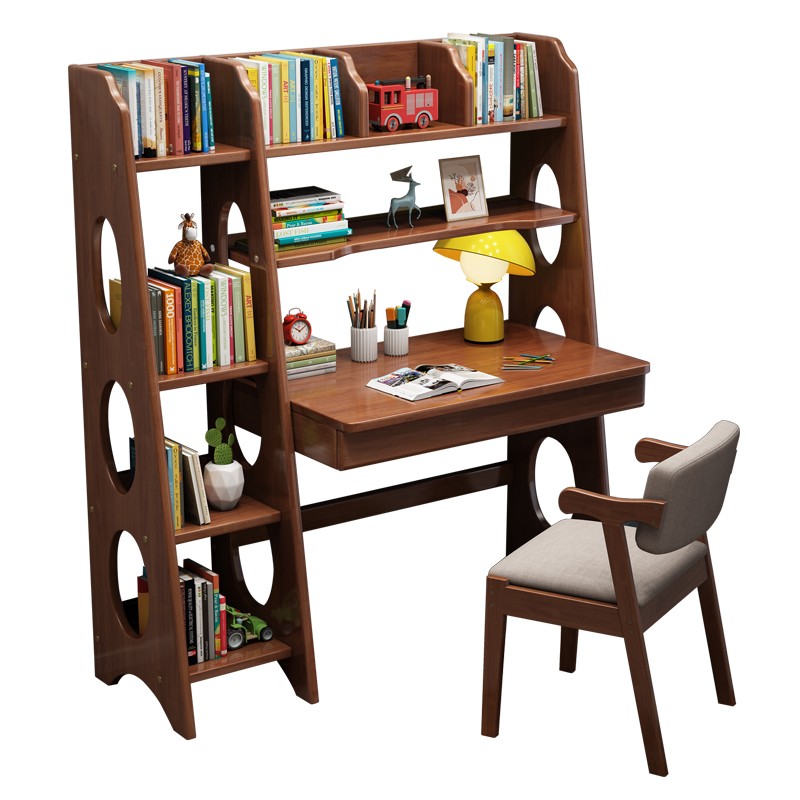 All solid wood desk bookshelf integrated table children's room study table home bedroom primary and secondary school student writing desk desk and chair