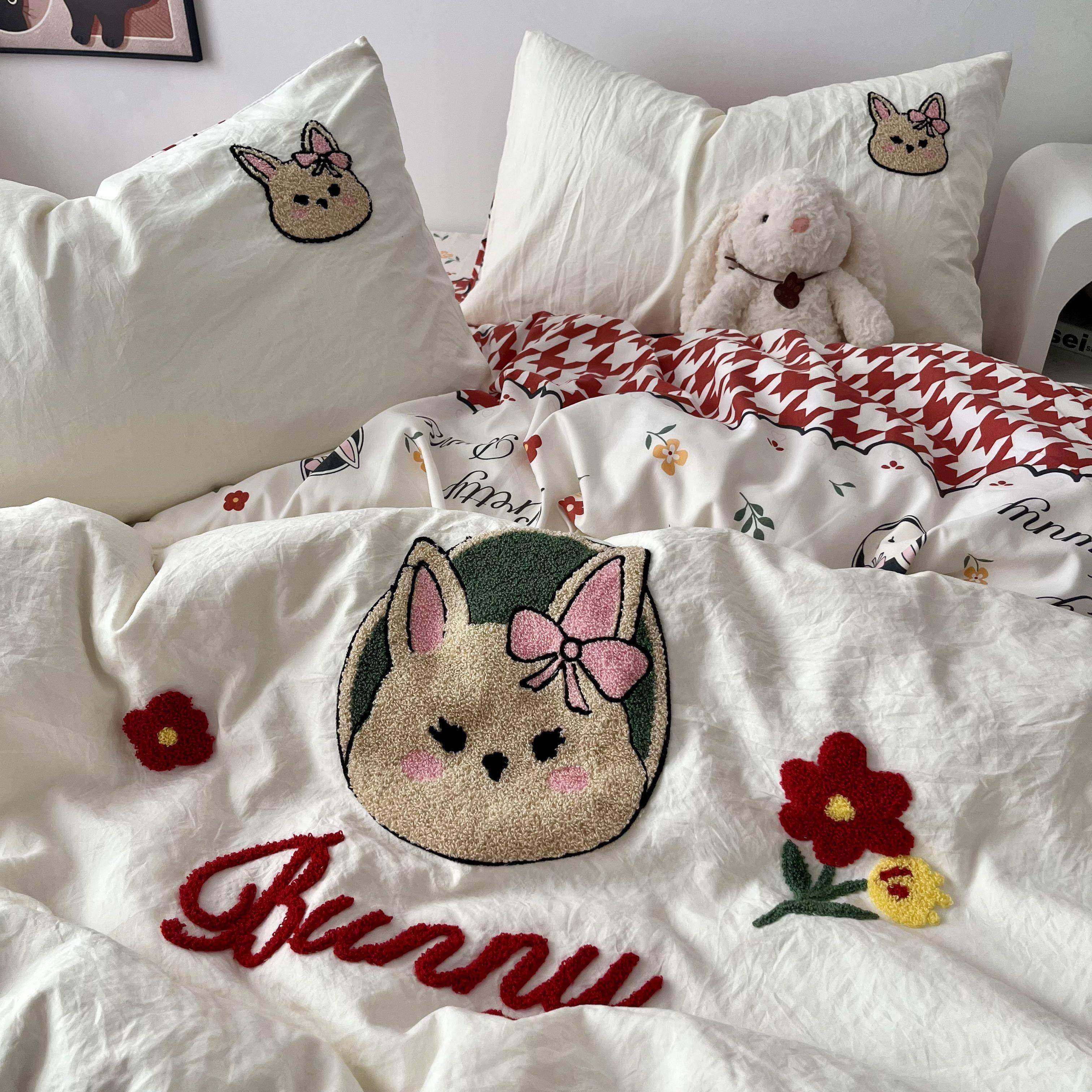 韩系ins少女可爱兔兔毛巾绣水洗棉四件套全棉被套纯棉床单三件套,淘宝优惠券,粉丝福利购,淘宝优惠卷