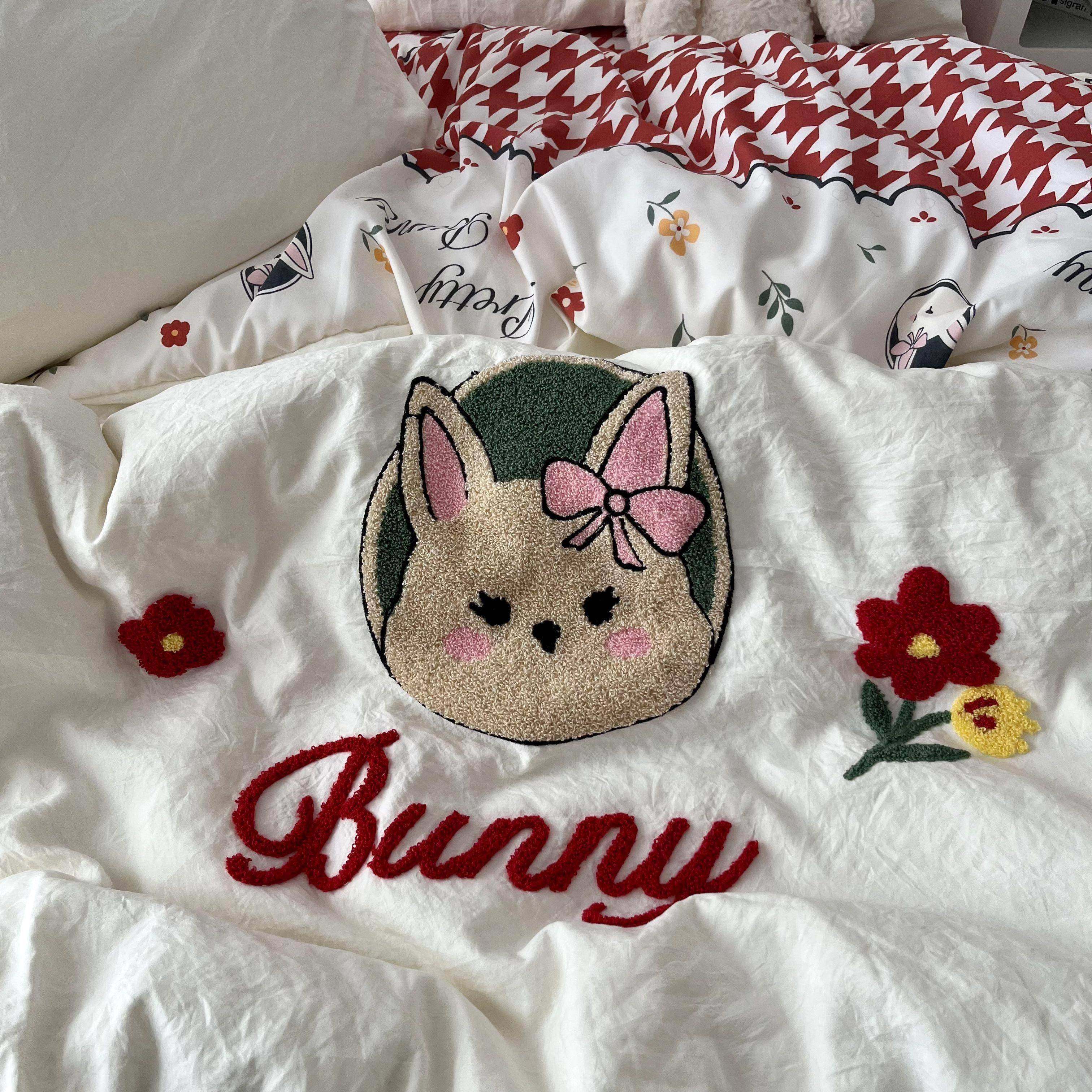 韩系ins少女可爱兔兔毛巾绣水洗棉四件套全棉被套纯棉床单三件套,淘宝优惠券,粉丝福利购,淘宝优惠卷