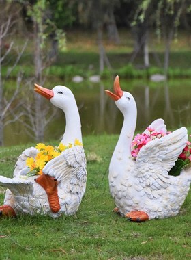 别墅花园装饰庭院布置造景仿真动物花盆树脂鸭子摆件园林景观雕塑