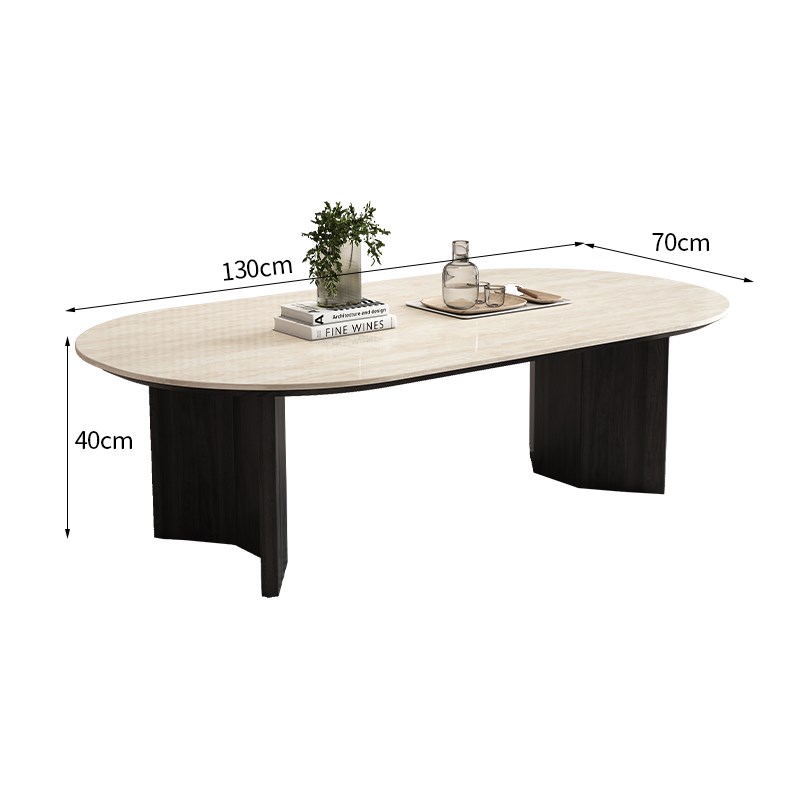 法式奶油中古风实木茶几现代简约客D厅家用小户型洞石岩板椭圆茶 - 图2