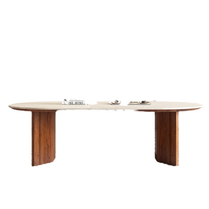 法式奶油中古风实木茶几现代简约客D厅家用小户型洞石岩板椭圆茶 - 图0