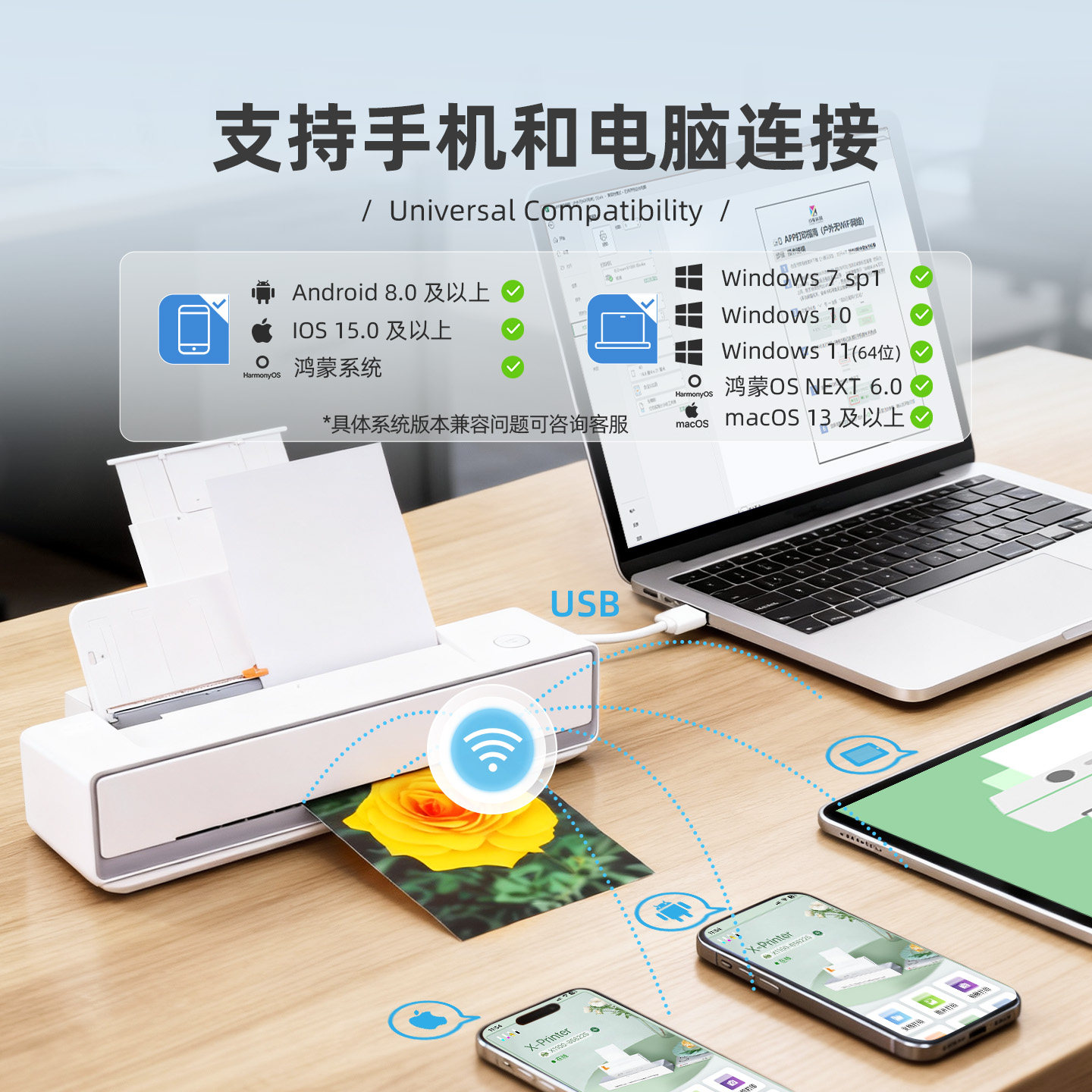 小篆家用彩色喷墨打印机便捷式照片文件A4纸小型家用可连手机无线WiFi学生家庭用多功能一体打印机小巧精致