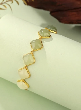 蒂奇亚实拍渐变和田玉四叶草手链女夏S925纯银新中式轻奢优雅手饰