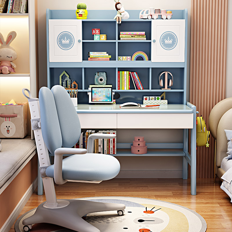 All solid wood children's study table and chair set desk bookcase integrated primary school student junior high school student writing desk bookshelf combination