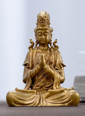 禅定自在观音佛像神像观世音菩萨像摆件纯黄铜像精致小随身佛供奉