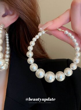 银针超大珍珠耳环法式时尚高级感气质耳圈复古夸张新款耳饰 女