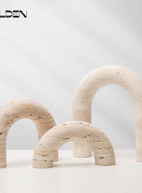 几何半圆拱形装饰摆件样板间客厅博古架软装摆设品黄洞石手工艺品