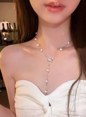 闪锆法式蝴蝶流苏曼塔玫瑰珍珠吊坠项链女满天星轻奢锁骨链项饰新