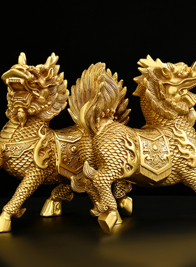 铜麒麟摆件一对纯铜火麒麟客x厅门店桌面装饰黄铜祥瑞麒麟大号瑞